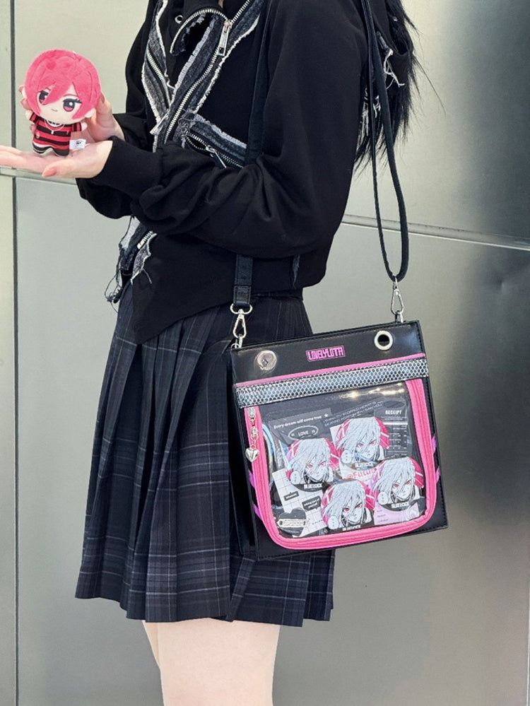 Black & Dark Pink Sweetheart Charm Zipper Ita Shoulder Bag