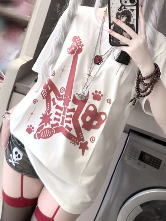 White and Red Punk Rock Guitar Print Jirai Kei T-Shirt with Guitar Pick Necklace