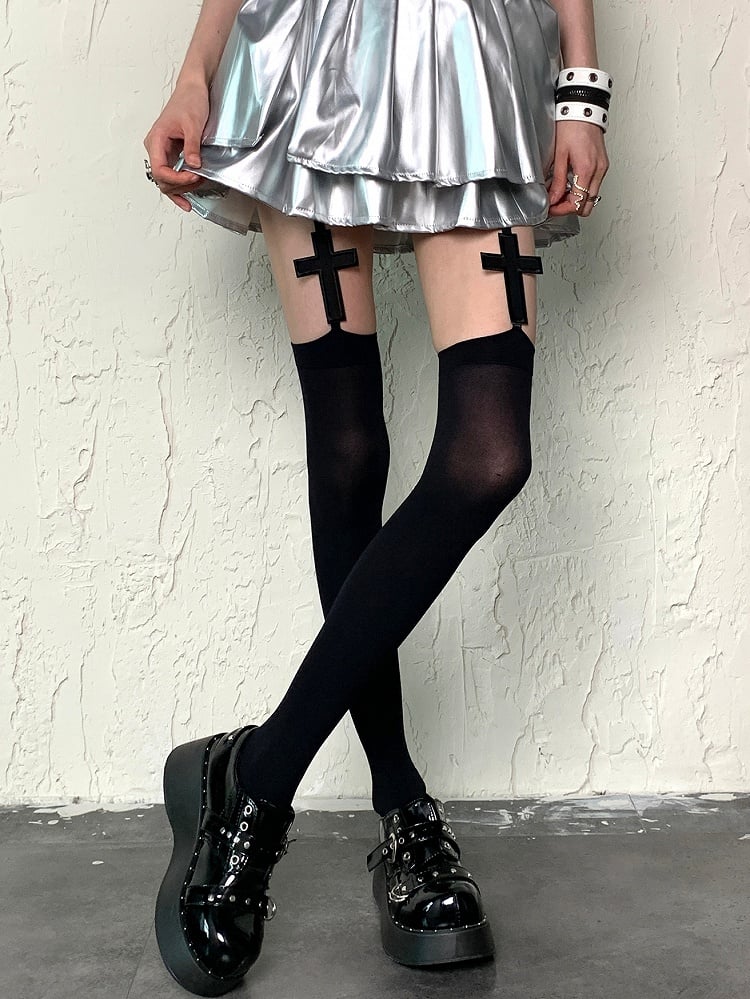 Black//White Y2K Cross Applique Suspender Stockings