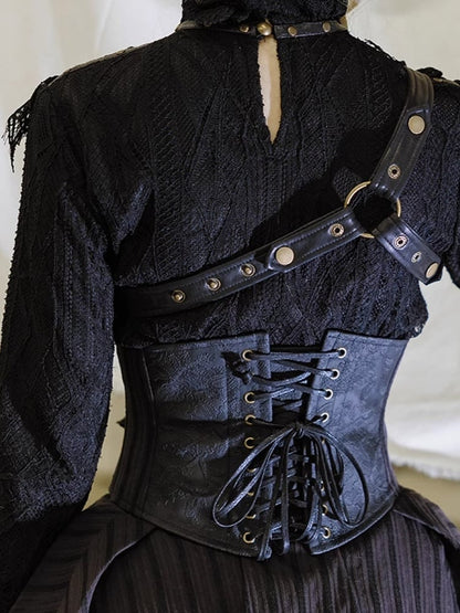 Black Gothic Banded Collar Lace Shirt