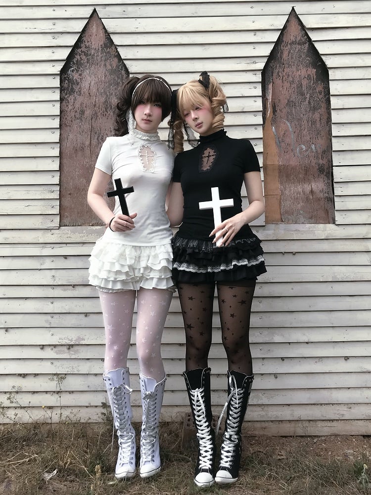 Gothic Black/White Mock Neck Coffin-Shaped Cutout T-Shirt