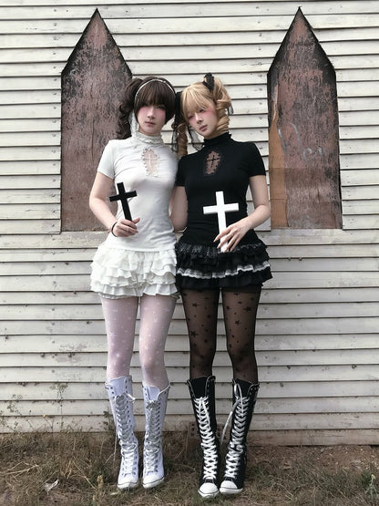 Gothic Black/White Mock Neck Coffin-Shaped Cutout T-Shirt