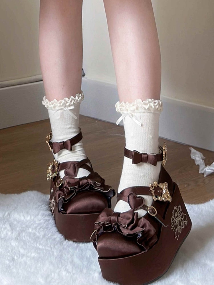 Brown Bear Buckle Straps Bowknot Platform Shoes with Bear Embroidery