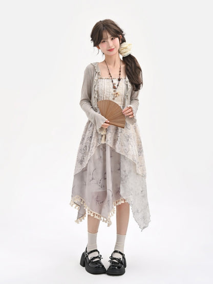 Cheongsam Style Gray Jacquard Asymmetrical Tassel Hem Mori Kei Slip Dress