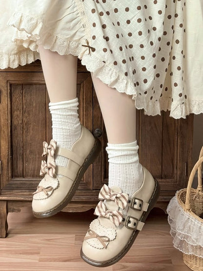 Beige Striped Pattern Bowknot Details Bear Design Lolita Flats