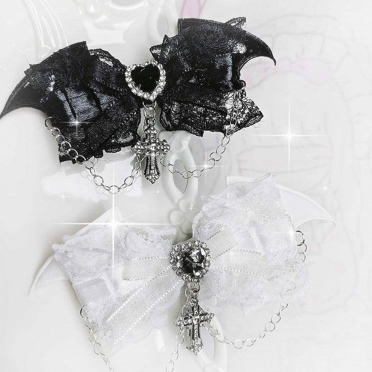 Gothic Demon Wings White/Black Rhinestoned Cross Charm Jirai Kei Bowknot Hairclips