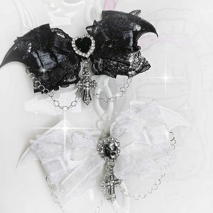 Gothic Demon Wings White/Black Rhinestoned Cross Charm Jirai Kei Bowknot Hairclips