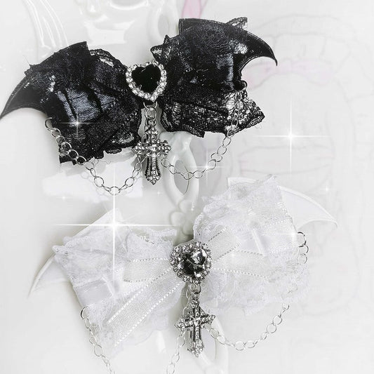 Gothic Demon Wings White/Black Rhinestoned Cross Charm Jirai Kei Bowknot Hairclips