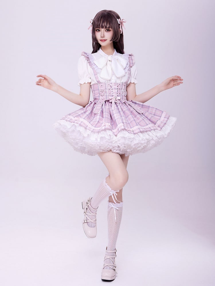 Pink Lace-up High Waist Jirai Kei Plaid Skirt with Detachable Flutter Straps