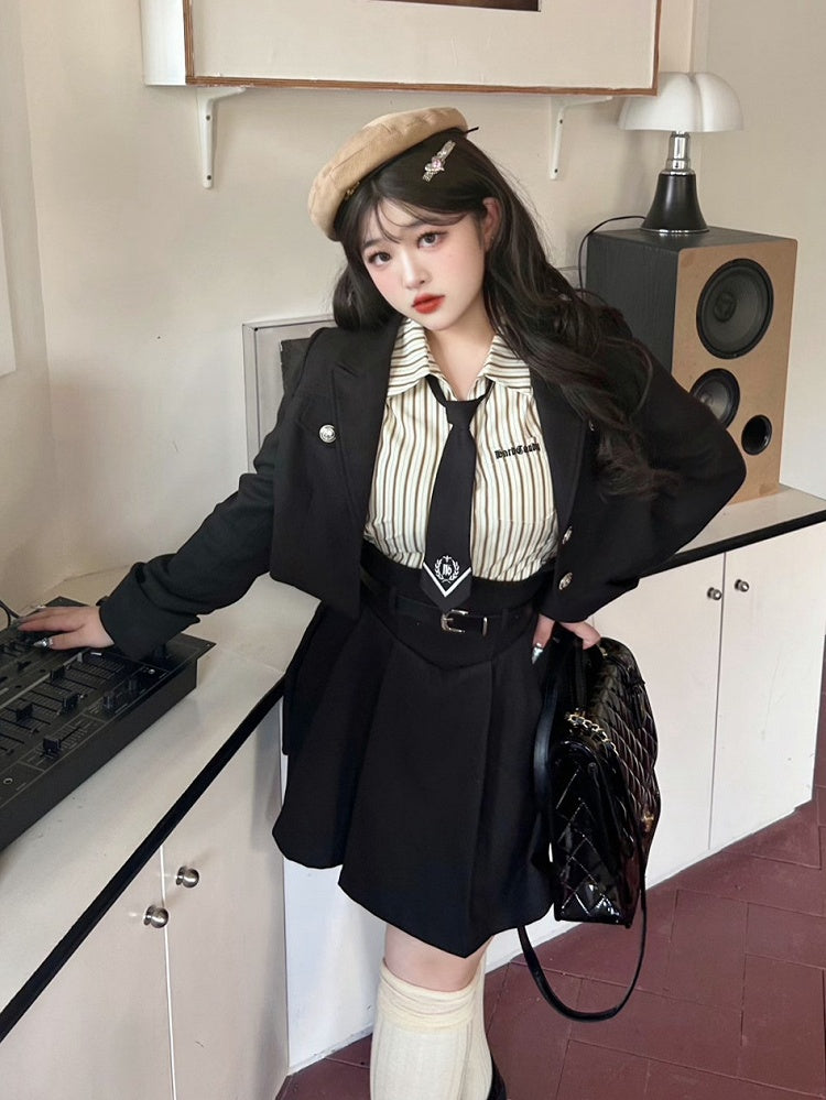 Plus Size - Black Preppy Cropped Blazer Silver-tone Buttons