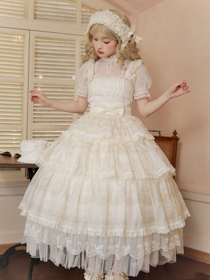 Cream Print Tiered Skirt Beads Neckline Lolita Jumper Skirt