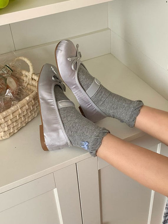 Pink/Blue/Black/White/Yellow/Gray Bowknot Details Ruffled Cuff Calf Socks