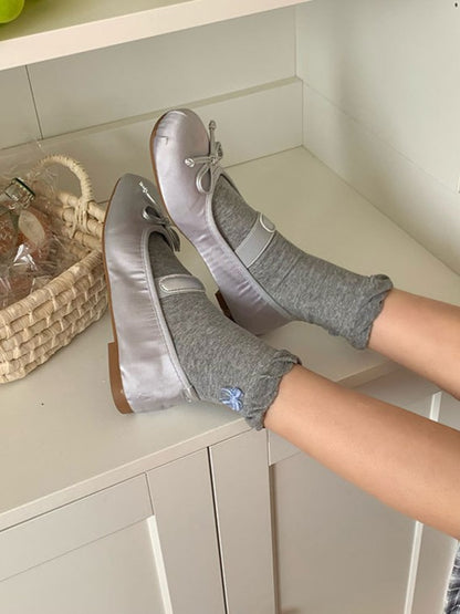 Pink/Blue/Black/White/Yellow/Gray Bowknot Details Ruffled Cuff Calf Socks