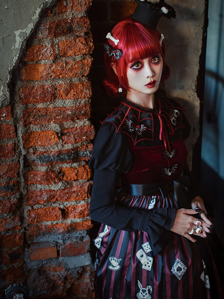 Black and Red Spider Web Embroidery Organza Fake Collar with Detachable Butterfly and Moth Brooch