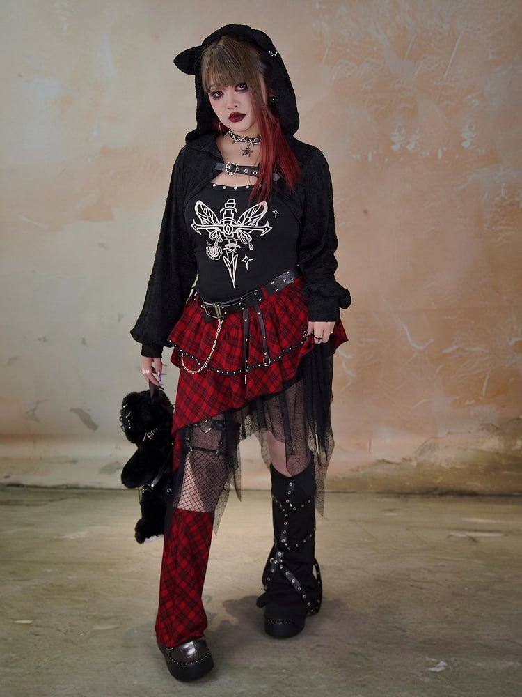 Plus Size Heart Buckle Black Punk Long Sleeves Hooded Top