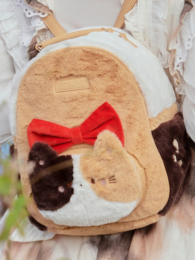 Cute Kitty Design Plush Orange & Brown Backpack with Bowknot