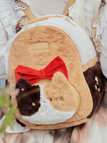 Cute Kitty Design Plush Orange & Brown Backpack with Bowknot