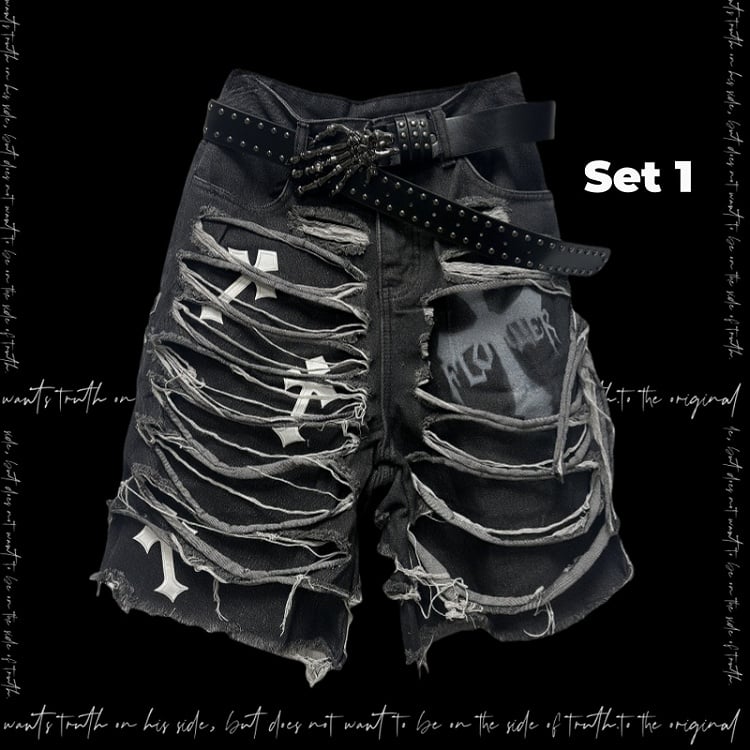 Dark Gray Cross Appliques Distressed Holes Y2K Glamorous Denim Shorts