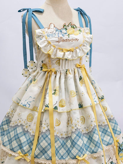 Blue & Yellow Lemon and Rabbit Print Country Lolita Dress with Plaid Pattern and Ruffled Layers