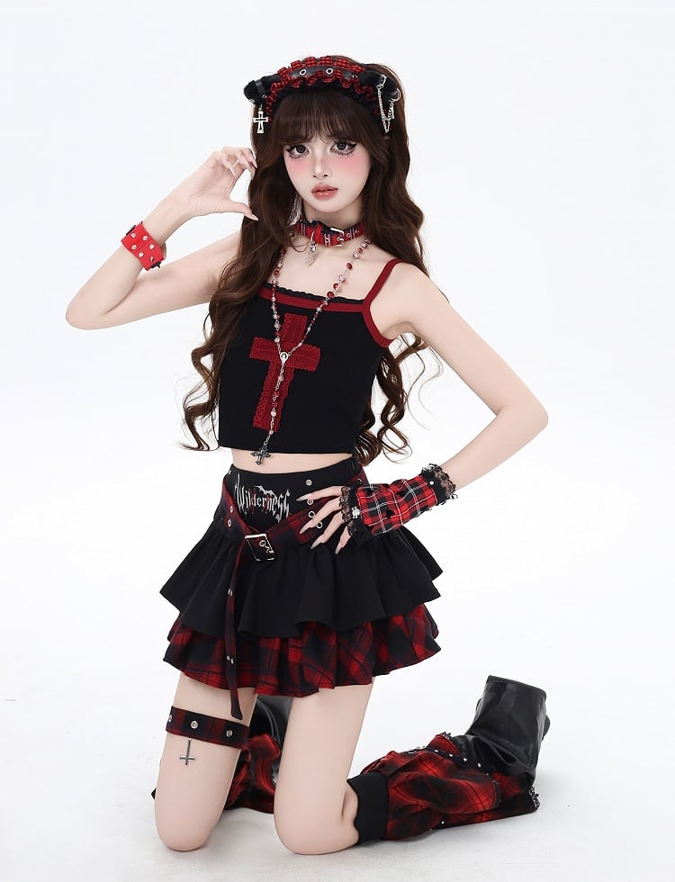 Y2K Black and Red Plaid Buckle Belt Design Lined Tiered Skirt with Cross Garter