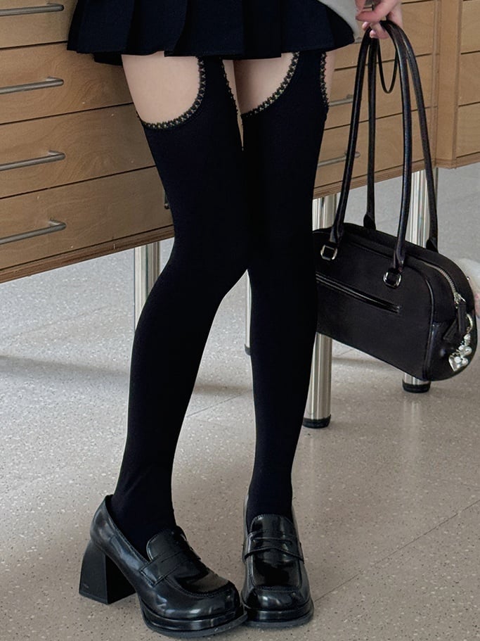 White/Grey/Black Lace Trim Suspender Tights