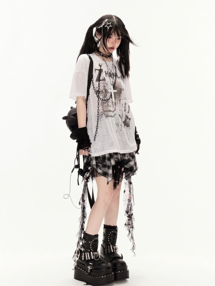 White/Black Round Neck Punk Print Semi-sheer Coverup