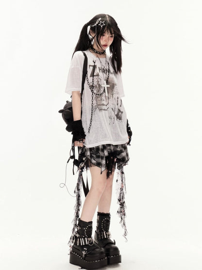 White/Black Round Neck Punk Print Semi-sheer Coverup