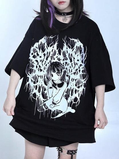 Black Jirai Kei Oversized Cartoon Girl Print T-shirt