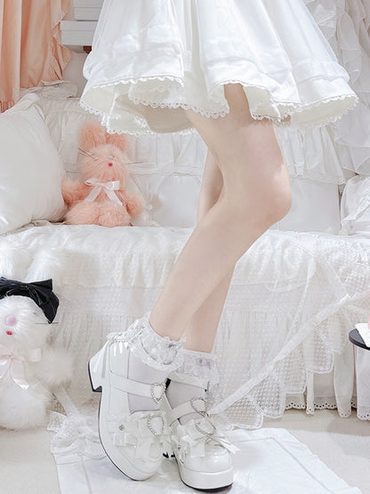 Jirai Kei Polished White Rhinestone Heart Decorated Lace-up Details Platform High Block Heels