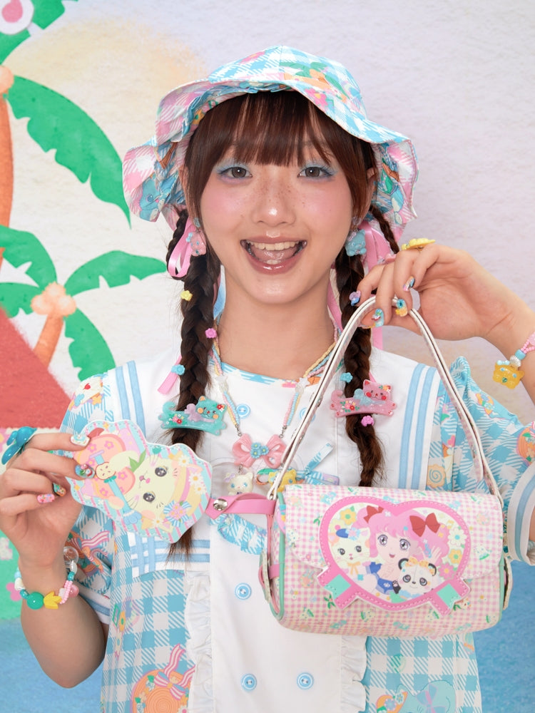 Pink Floral Plaid Pattern Shoulder Bag with Kitty Charm