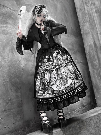 Plus Sizes Available Dark Gothic Lolita Full Set - Black Long Sleeves Shirt + Skirt + Corset Belt