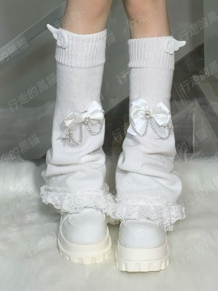Jirai Kei Black/White Rhinestone Bow Wings Design Lace Trim Leg Warmers