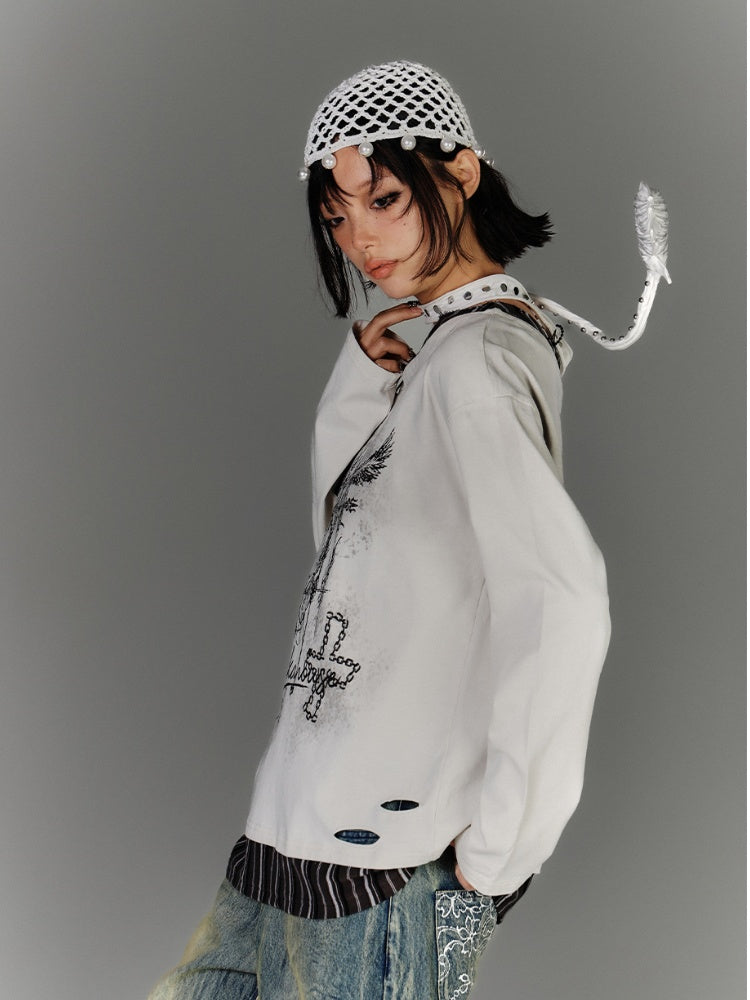 Y2K Apricot Asymmetrical Neckline Buckle Strap Glamorous Graphic Top