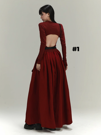Gothic Wine Red Cross Print Backless/Covered-Back Slim-fitting Dress
