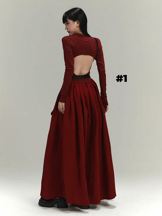 Gothic Wine Red Cross Print Backless/Covered-Back Slim-fitting Dress
