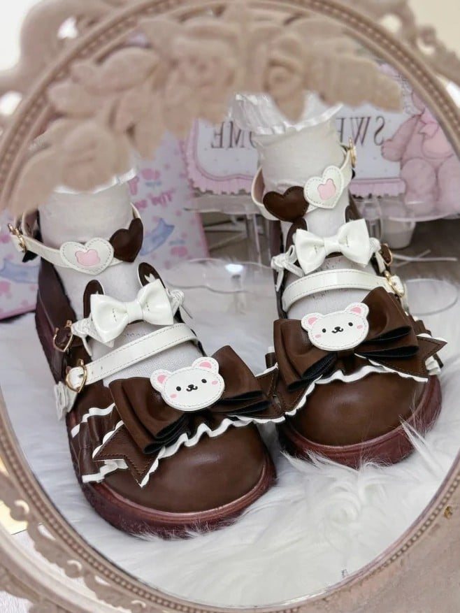 Brown Sweet Lolita Mary Janes - 3cm Flat Design with Bear Elements & Bow Embellishments