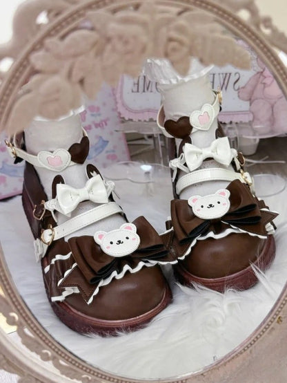 Brown Sweet Lolita Mary Janes - 3cm Flat Design with Bear Elements & Bow Embellishments