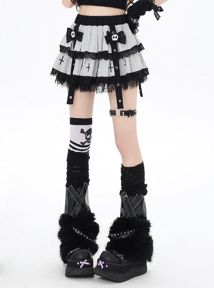 White Stripes Lace Trim Punk Lined Tiered Skirt with Skeleton Bow Clips