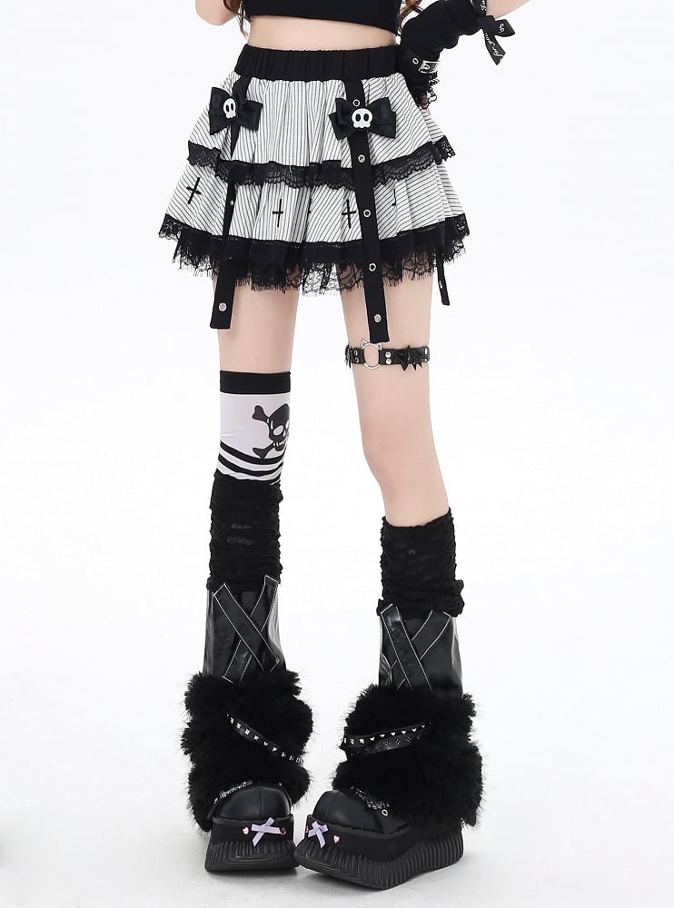 White Stripes Lace Trim Punk Lined Tiered Skirt with Skeleton Bow Clips