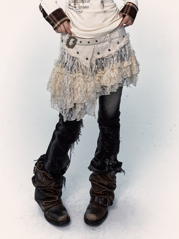 Beige Lace Asymmetrical Hem Skirt with Distressed Trim and Buckle Detail