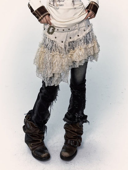 Beige Lace Asymmetrical Hem Skirt with Distressed Trim and Buckle Detail