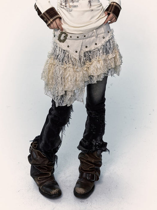 Beige Lace Asymmetrical Hem Skirt with Distressed Trim and Buckle Detail