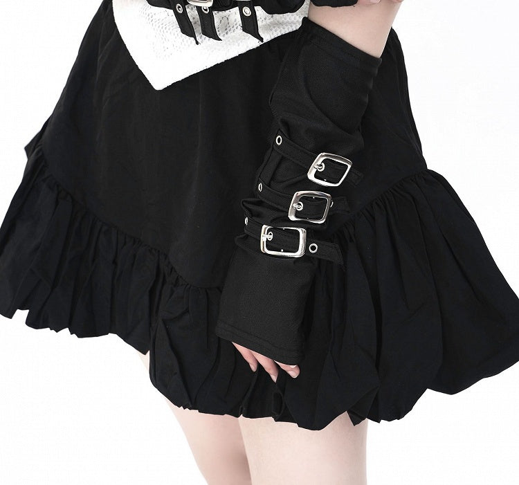 Buckle Straps Design Black Fingerless Gloves