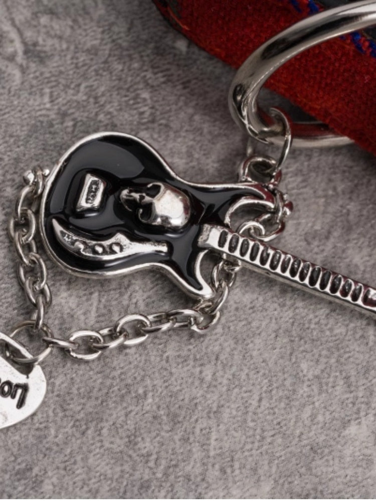 Red Plaid Pattern Buckle With Guitar Pendant Choker