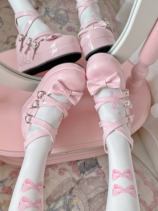 Pink Bow at Top Crisscross Sweetheart Buckle Straps Sweet Lolita Platforms