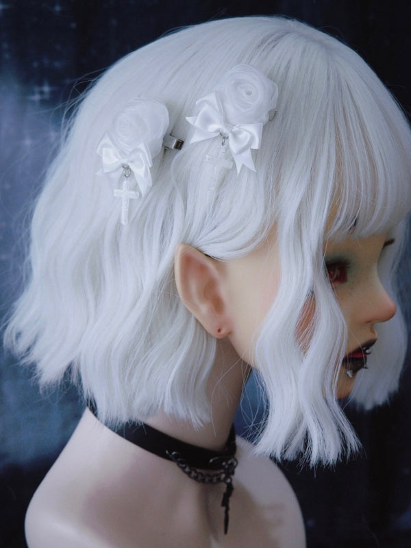 Handmade Rosette Design Gothic White Bowknot Hairclips with Crosses