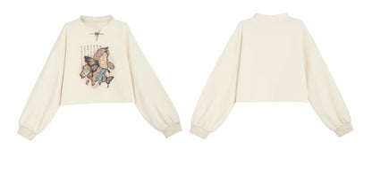 Cheongsam Style Butterfly Print Black/Apricot Banded Collar Sweatshirt