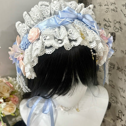 White&Blue Beaded And Heart Charm Bowknot Details Ruffled Hairband + Floral Design Bowknot Choker