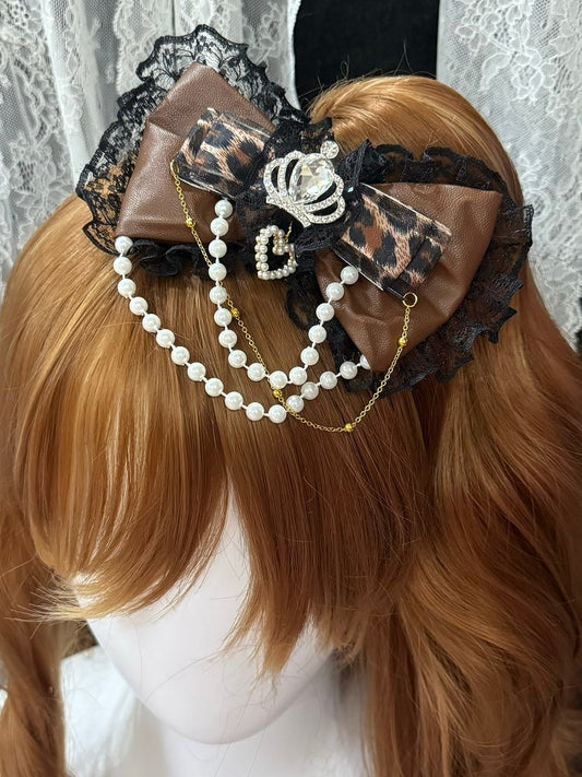 Black&Brown Leopard Pattern Rhinestone Crown Decorated Beaded Charm Lace Trim Bowknot Hairclip