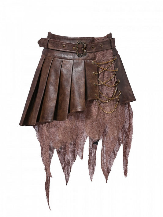 Chains Decorated Dark Brown Wasteland Punk Pleated Handkerchief Skirt